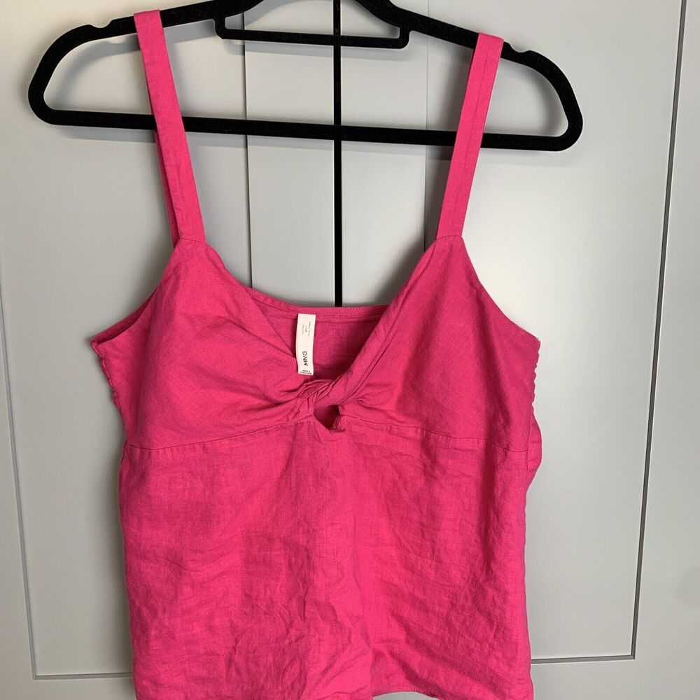 MNG Mango Tank Top cropped babydoll Large Pink Linen Blend twisted front‎